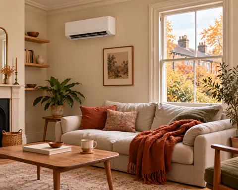 The living room in autumn, with an open wall-mounted heat pump, a rust throw on the cream sofa and golden leaves outside